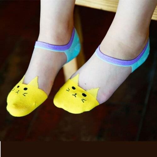5pairs Women Fashion Casual Cat Silk Ankle High Low Cut Invisible Socks Kawaii Transparent Socks Girl Summer Funny Animal Sock