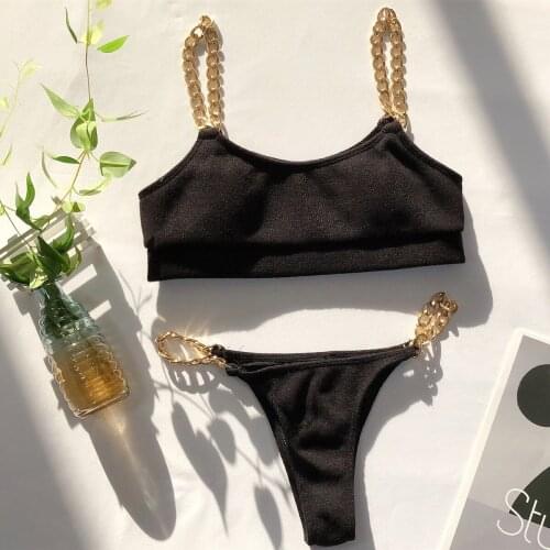 Sexy Micro Bikini 2021 Solid Black White Push Up Padded Chain Metal Strap Swimsuit Brazilian Bathing Suit Thong Swimwear Biquini