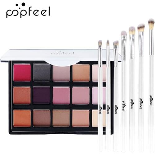 POPFEEL 15 Colors Eye Shadow Palette & 7 PC Eye Makeup Brush Set, Highly Pigmented Matte Shimmer Makeup Palette
