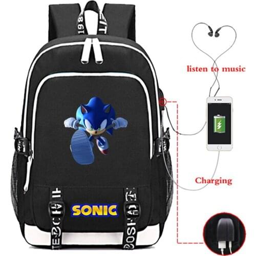 Sonic USB Charge Backpack High Quality Men Women Boys Girls Double Pocket School Rucksack Beautiful School Dabbing Bag for Teen