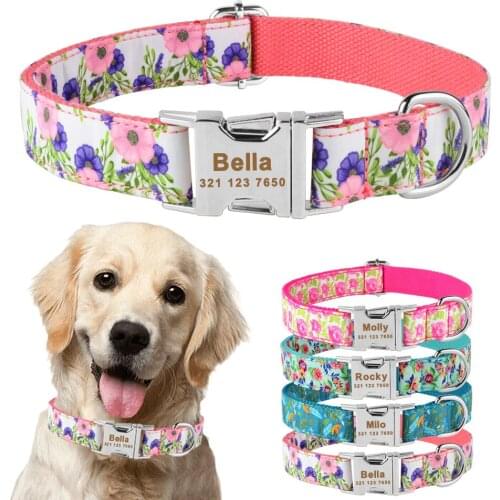 S-Medium Large Personalised Dog Collar Flower Custom Engraved Name ID Tag dog accessories dog collars Large dogs Pet supplies