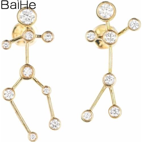 BAIHE Solid 14K Yellow Gold 0.30CT H/SI Natural Diamonds Wedding Trendy Fine Jewelry 12 constellations Earrings Women Cерьги
