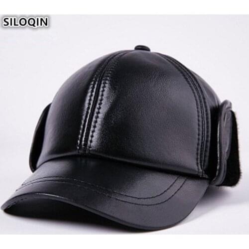 SILOQIN Genuine Leather Hat Men Winter First Layer Sheepskin Baseball Cap Middle-aged Thicken Earmuffs Keep Warm Hats Casquette