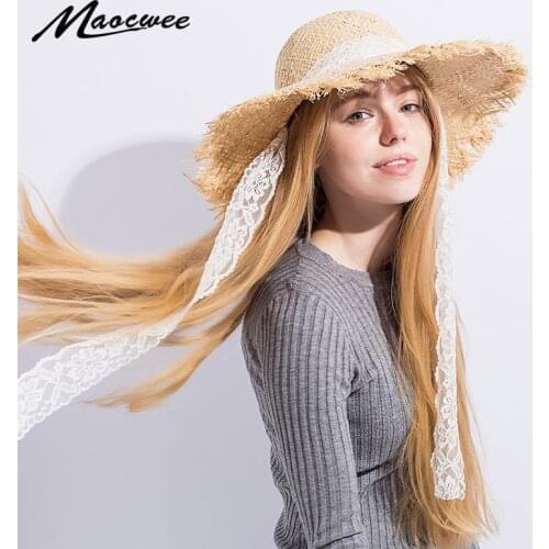Girl Summer Sun Lace Hat with Ribbon Foldable Women panama hat Large Brim Sun bonnet Casual Straw Caps beach hat for Female Bone