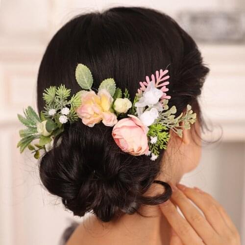 Bridal Flower Hair Pins 3PCS Pink Rose Leaf Wedding Decoration for bride Headwear Women and Gir Ornaments