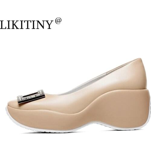 LIKITINY spring autumn Fashion platform Wedges Women‘s shoes Leisure Slip on Genuine leather Metal Decoration white nude Pumps