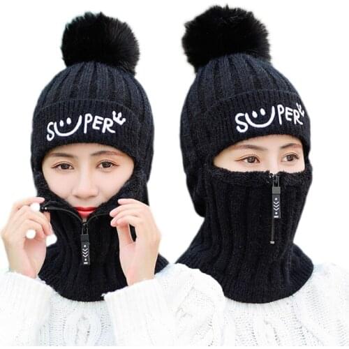 Women Winter Knitted Beanie Balaclava Hat Letters Embroidery Faux Fleece Lined Zipper Face Mask Neck Warmer Outdoor Ski Cap