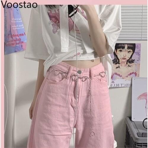 Sweet Pink Denim Pants Women Harajuku High Waist Loose Party Straight Trousers Korean Streetwear Girls Chic Hip Hop Punk Jeans
