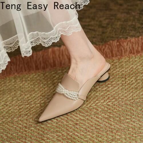 2021 Summer Fashion Women Pointed Toe Slipper beige Square Low Heels Outsides Ladies Slides Luxury Brand Beach Mules Shoes