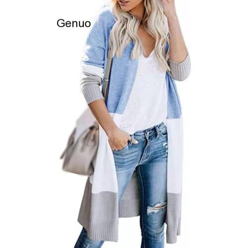 2020 Spring Women Sweater Striped Color Block Draped Loose Cardigan Long Sleeve Casual Knit Sweater Coat