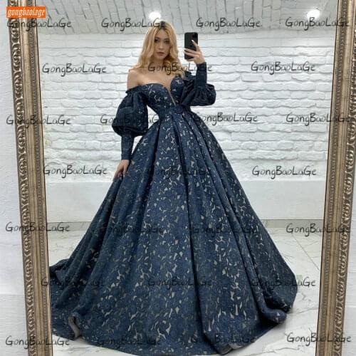Dark Navy Evening Gown For Women 2021 Vestidos De Fiesta De Noche Arabian Formal Party Dresses Long Sleeves Robe De Soirée Femme