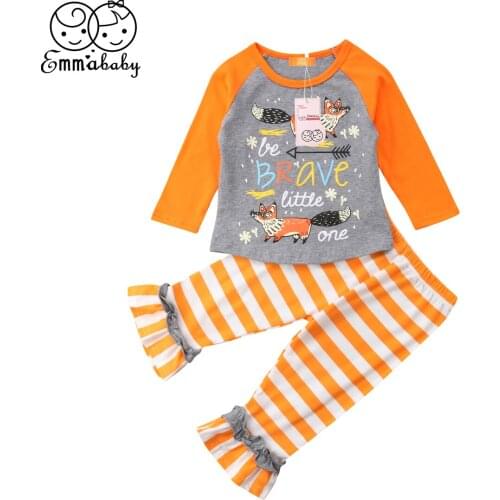 Toddler Kids Baby Girl Printed Outfit Clothes Sets Long Sleeve T-shirt Top+Striped Pants/Trousers 2PCS Cotton Casual Kid Set