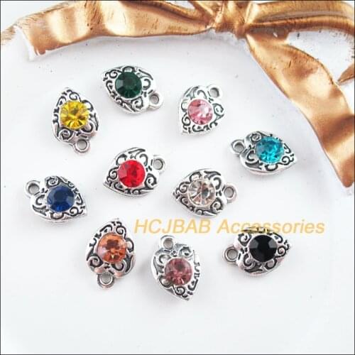 30Pcs Tibetan Silver Tone Retro Heart Mixed Crystal Charms Pendants 9.5x13mm