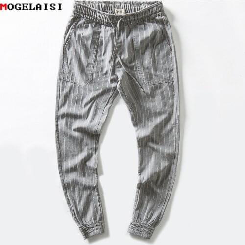 Linen Pants Men Stripe Ankle-Length Harem Linen Cotton Mens Pants Pencil Loose Linen Trousers Man Mid Waist Drawstring Pant XXL