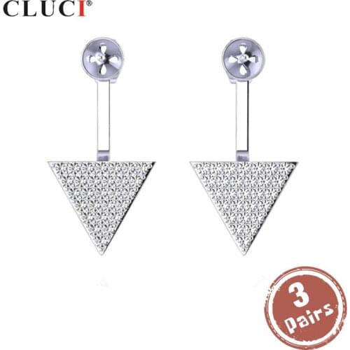 CLUCI 3 pair Silver 925 Zircon Earrings For Women 925 Sterling Silver Pearl Earrings Mounting Triangle Earrings SE115SB