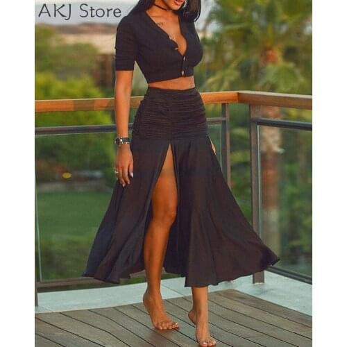 Summer Two Pieces Sets Button Design Solid Sexy Crop Top & High Slit Ruched Skirt Set