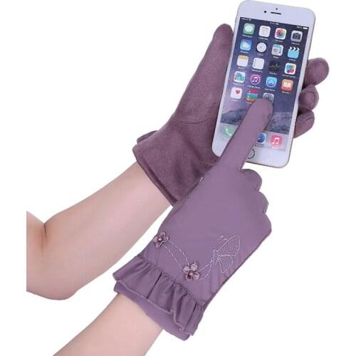 Female Winter Soft Plush Inside Warm Windproof Driving Gloves Fashion flower Women Outdoor Sports Touch Screen Cycling Glove 27E