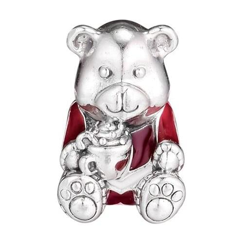 Christmas Bear Charm Red & White Enamel Fashion Female Beads For Jewelry Making 925 Sterling Silver Jewelry Fit Charms Bracelets