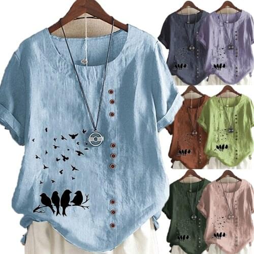 Womens Summer Round Neck Short Sleeve T-shirt Casual Cotton Linen Graphic Shirt Leisure Fashion Loose Blouse Tops Plus Size