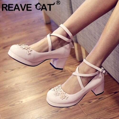 REAVE CAT New 2021 Ladies Pumps Sweet Lolita Japanese Princess Round Toe 5.5cm High Heels Buckle Platform Flower Summer A3306