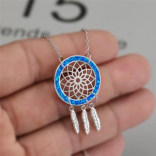 Women Pendant Hollow Flower with Leaf Blue Pendant Women Chain Necklace Bridal Wedding Glamour Jewelry Accessories