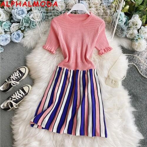 ALPHALMODA Crochet Knit Short-sleeved Striped Dress Women Fashion Color Striped A-line Mini Summer Dress Sweet Princess Dress