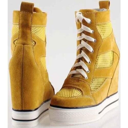 2017 women thick sloe platform wedges high heels casual shoes Comfortable breathable lady height increasing mesh lace up shoes