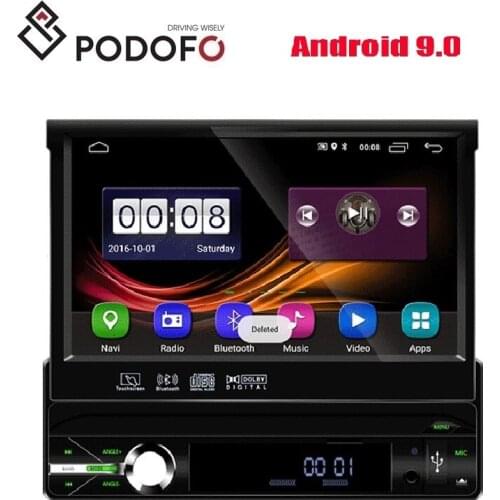 Podofo Android 9.0 Car Radio 2+16G 1Din Motorized Retractable 7'' Touch Screen Car Video GPS Bluetooth USB FM AUX Player