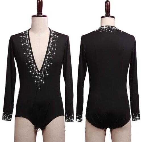 Shiny Rhinestone Latin Dance Top Men Long-sleeved Mesh Black Shirt Tops Performance Clothing Male Ballroom Latin Dress