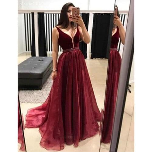 Burgundy Prom Dresses 2021 Long A Line Velvet Organza Beads Floor Length Formal Evening Dresses Vestidos De Fiesta Party Gowns