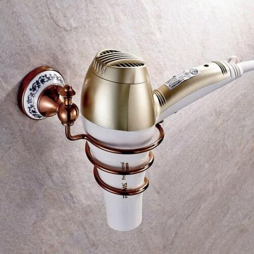 Luxury Rose Gold Copper Brass Hair Dryer Holder Wall Mounted Dryer Holder Bathroom Accessories Bath Hardware Ceramic Base mba388