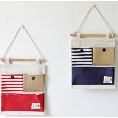 Cotton and Linen 3-pocket Storage Hanging Bag Plain Stripe Stitching Storage Bag Multifunctional Key Bag Wall Pocket