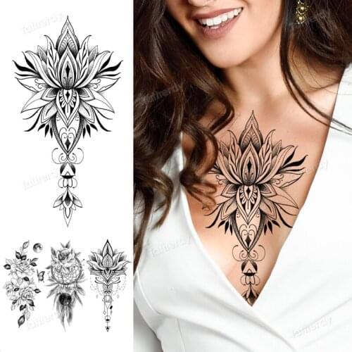 Sternum tattoo mandala lotus henna lace fake body tattoos for women girls temporary tatoo chest underboob sexy adult tatoo black