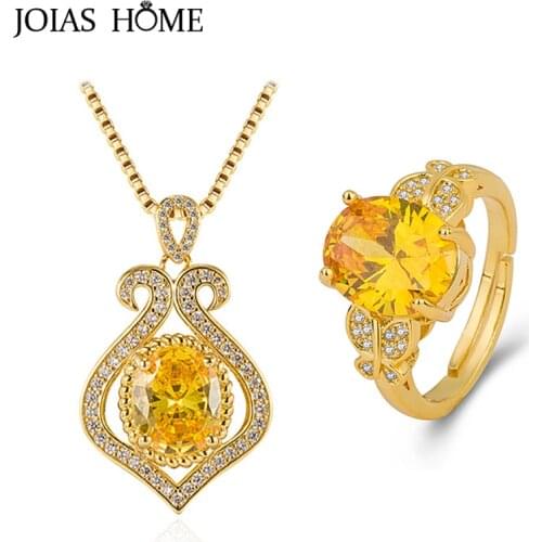 Joiashome Charms Women Jewelry Set 925 Sterling Silver Yellow Gemstone Women Heart Necklace Ring Wedding Party Gifts Wholesale