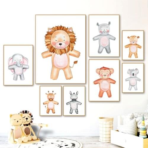 Cartoon Lion Giraffe Zebra Elephant Nordic Posters And Prints Wall Art Canvas Painting Animals Wall Pictures For Kids Room Decor