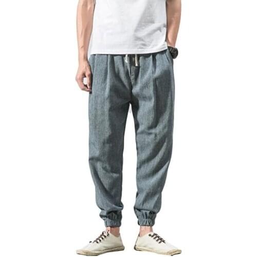 Mens Hip-hop Breathable Cotton and Linen Casual Sports Tethered Trousers Drawstring Solid Color Comfortable Pants