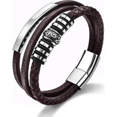 Mens Simple Black Leather Bracelet Multilayer Silver Magnetic Buckle Casual Bracelet Jewelry Gift