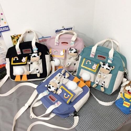 New Korean Women Cute Cow Backpack Female Student College Schoolbag Girl Badge Multifunctional Backpacks Kawaii Ladies Nylon Bag