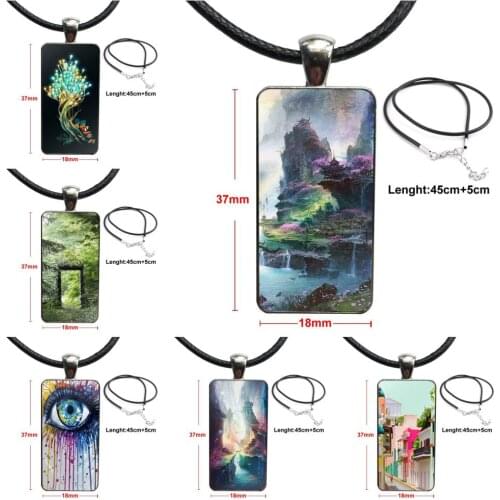 Landscapes Fantasy Land Art Design Fashion Vintage Glass Women Rectangle Necklace Pendants For Lovers Best Friendship