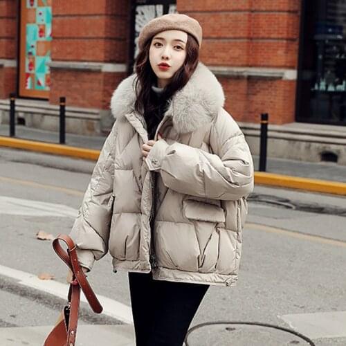 Trendy Down Jacket Women Winter Natural Fox Fur Collar Loose Puffer Jacket 90% White Duck Down Coat Ladies Feather Clothes