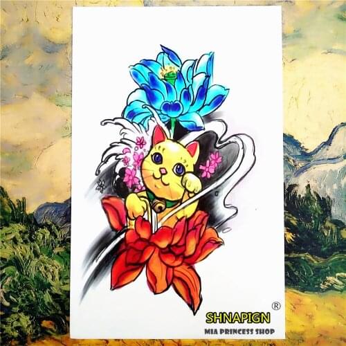 SHNAPIGN Lucky Fortune Cat Temporary Tatoo Body Art Sleeve Arm Flash Tattoo Stickers 12*20cm Waterproof Tatto Henna Fake Sticker