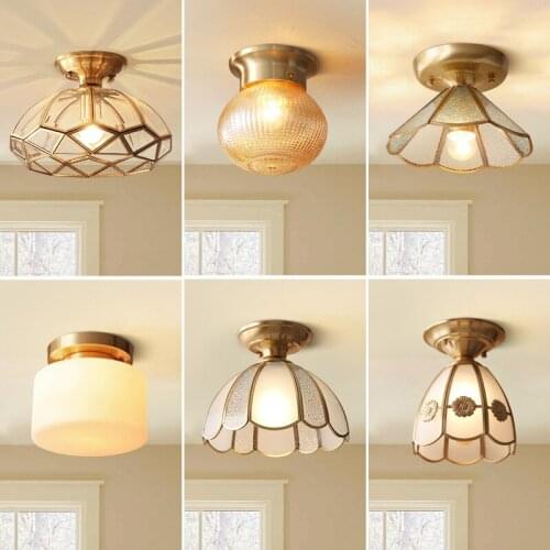 Modern Copper Glass LED Ceiling Lamp for Living Room European Kitchen Crystal Ceiling Lamp Bedroom Aisle House Lighting Fixture