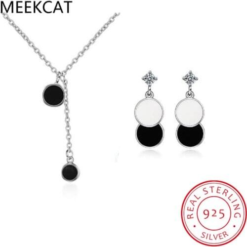 MEEKCAT 925 Sterling Silver Jewelry Sets Epoxy Black Round Wafer Necklace+Earrings For Women Korean Jewelry Bijoux