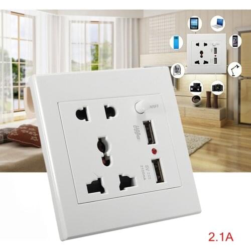 Universal EU Standard Outlet Panel, 5V 2.1A Dual USB Charger Port, Switch Control 13A Global Universal 4 Hole USB Wall Power Soc