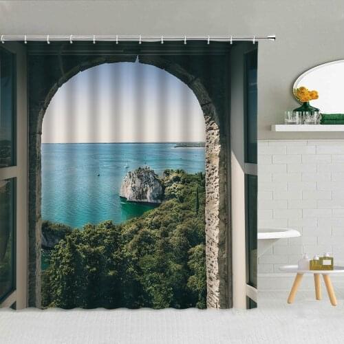 Old Rock Wall Blue Sea Scenery Outside Window Shower Curtain Forest Sailboat Wood Bridge Seaside View Bathroom Decor Curtains