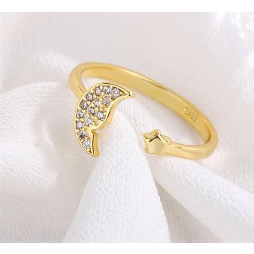 Sole Memory Golden Moon Star Zircon Shiny 925 Sterling Silver Female Resizable Opening Rings SRI936