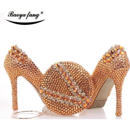 Orange Crystal Womens wedding shoes with matching bags round ball High heels Party dress shoes and purse free shipping