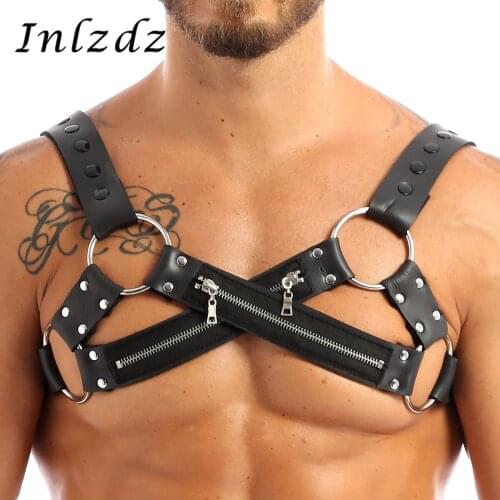 Harness Mens Lingerie Leather Shoulder Sexy Body Chest Harness Muscle Erotic Sexy Costume Belt with Metal O Rings Tank Top