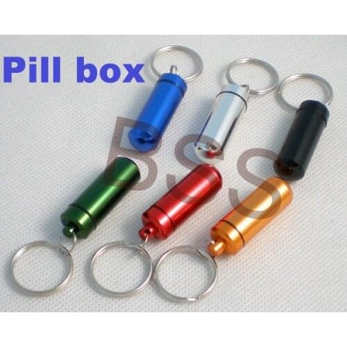 Free shipping 100pcs/lot Mix 6 colors Aluminium Pill box case Cache Container Geocache Geocaching Key rings keychain holder vial