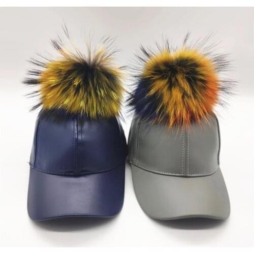 New Women Removable Real Rainbow Raccoon Fur Pom pom Snapback Hat Autumn Adult Men Casual Faux Leather Baseball Cap